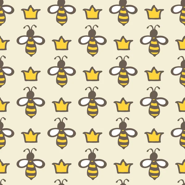 Queen bee. Hand-drawn seamless cartoon pattern with bees and crowns. Vector illustration.