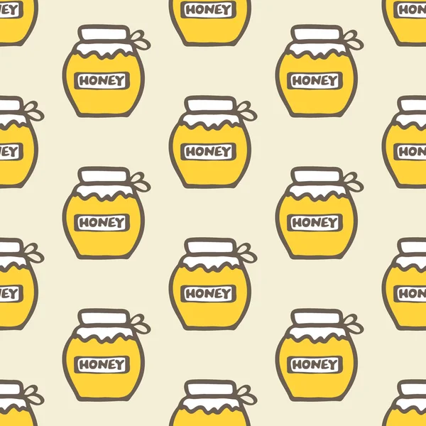 Honey jar. Hand-drawn seamless cartoon pattern with honey jars. Vector illustration. — ストックベクタ