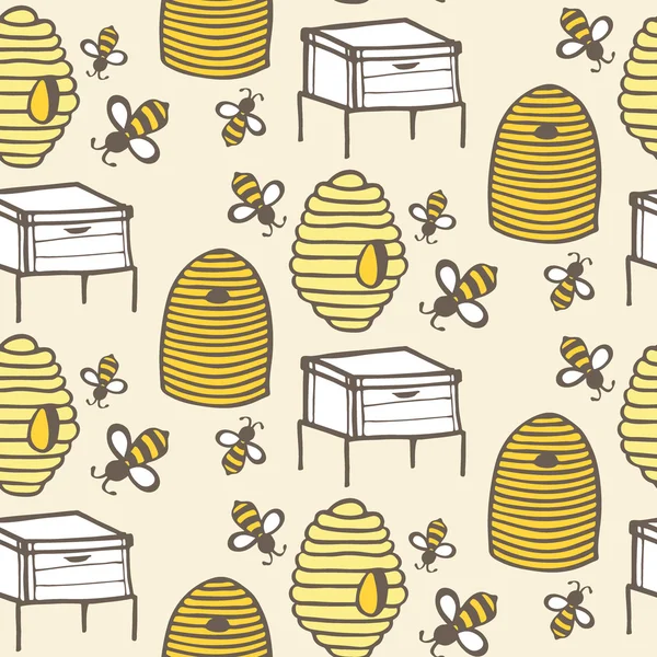 Beehive and bee. Hand-drawn seamless cartoon pattern with honey bees and hives. Vector illustration. — Stock Vector