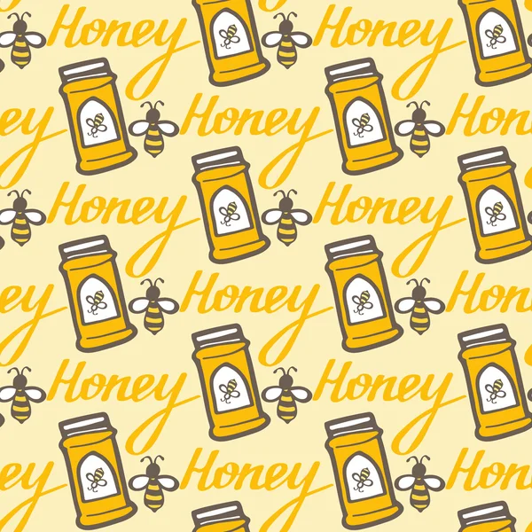 Honey jar, honey sign and bee. Hand-drawn seamless cartoon pattern with honey pot, bee and word Honey. Vector illustration. — ストックベクタ