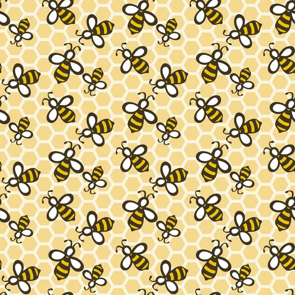 Bee. Hand-drawn seamless cartoon pattern with honey bees on the comb. Vector illustration. — Wektor stockowy