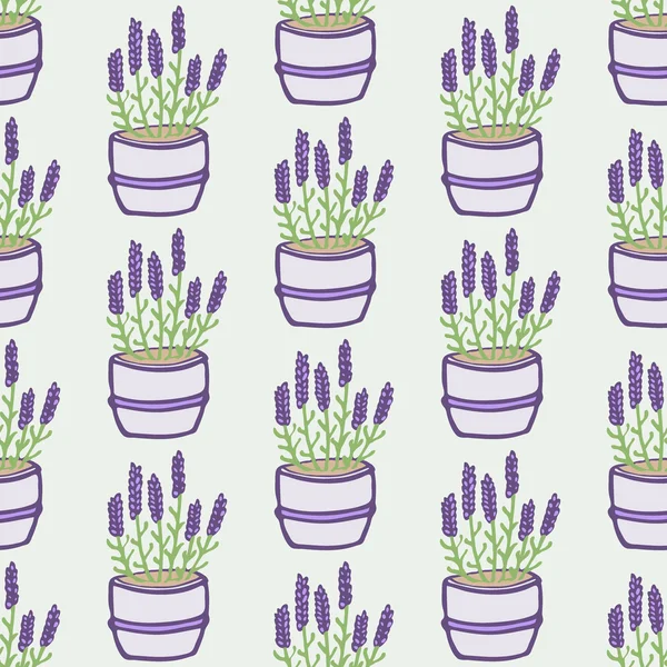 Lavender. Seamless pattern with flower pots on the white background. Hand-drawn original background. — Wektor stockowy