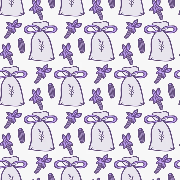 Lavender. Seamless pattern with pouches or sachetes and flowers on the white background. Hand-drawn original background. — Stockový vektor