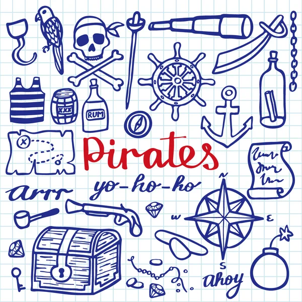 Pirate set, sea and treasures. Hand-drawn cartoon collection. Doodle drawing. — Stock Vector