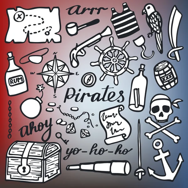 Conjunto de piratas, mar e tesouros. Coleção de desenhos animados desenhados à mão. Desenho de doodle . —  Vetores de Stock