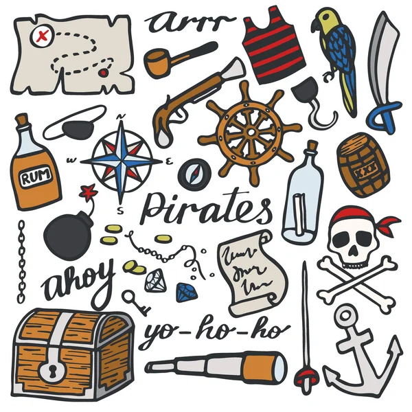 Conjunto de piratas, mar e tesouros. Coleção de desenhos animados desenhados à mão. Desenho de doodle . —  Vetores de Stock