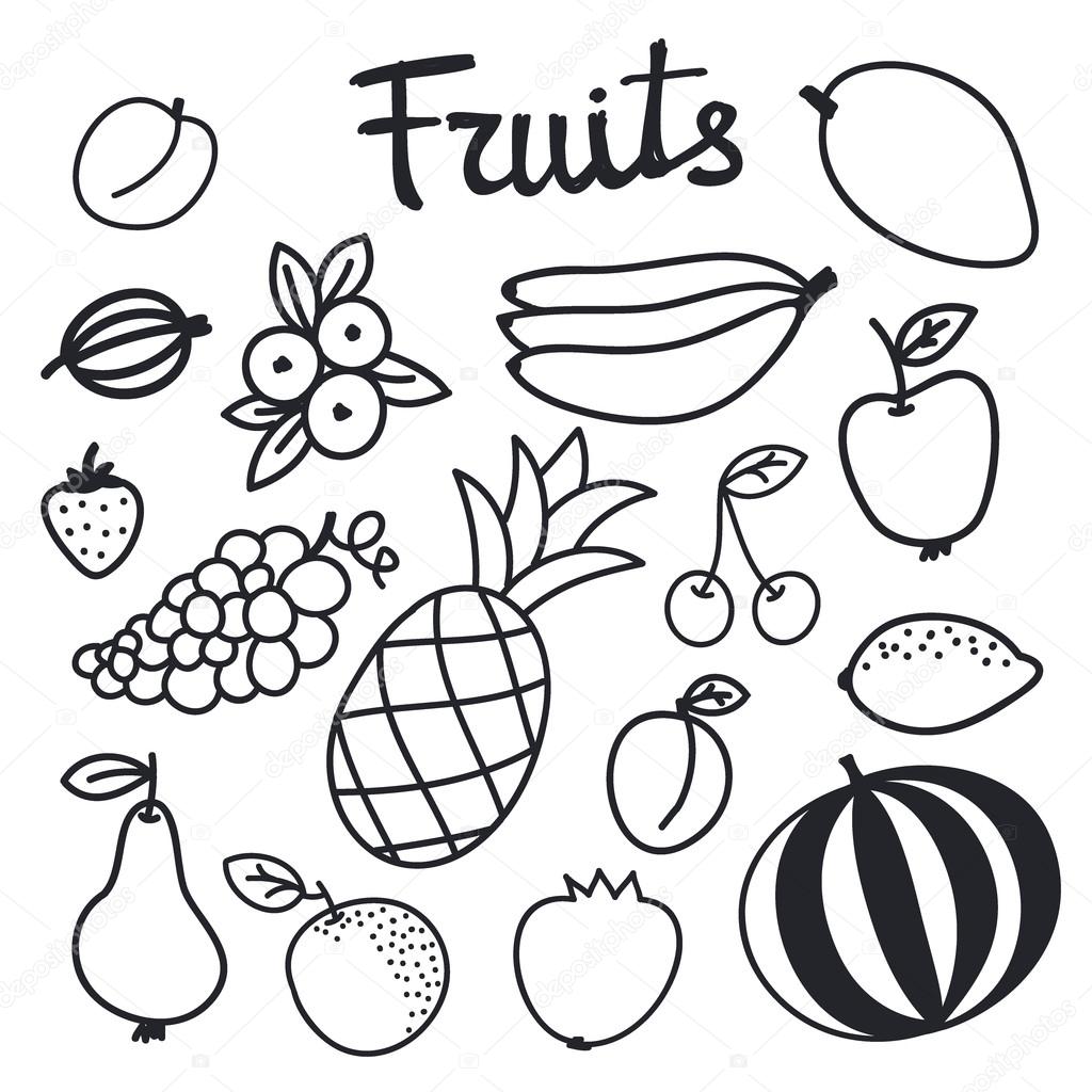 Fruit set. Hand-drawn different cartoon fruits. Doodle drawing ...