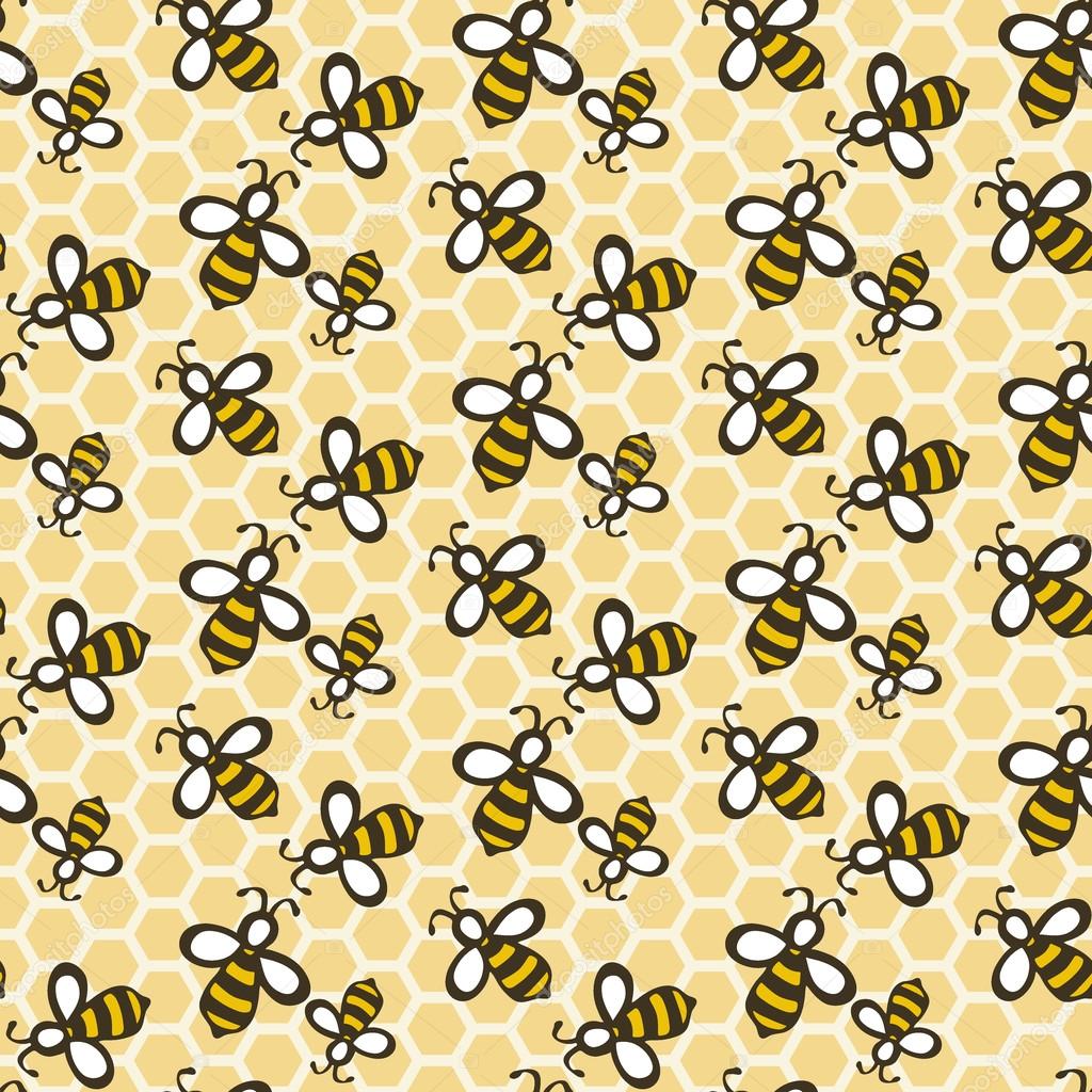 Bee. Hand-drawn seamless cartoon pattern with honey bees on the comb. Vector illustration.