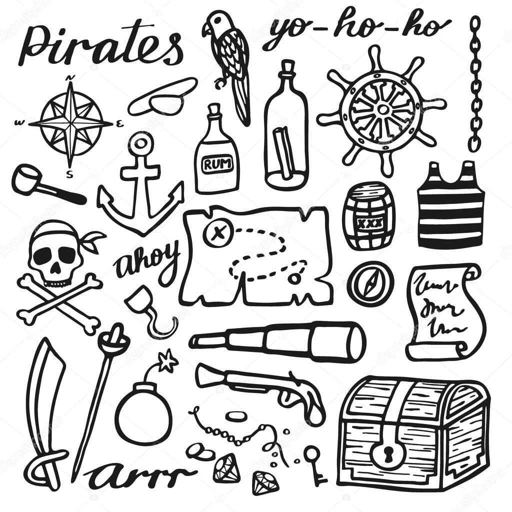 Pirate set, sea and treasures. Hand-drawn cartoon collection. Doodle drawing.