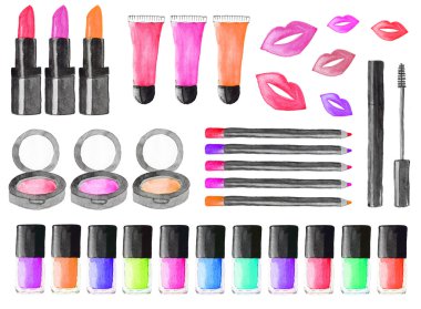 Make up set. Set of watercolor beauty items on the white background. Hand-drawn original cosmetics