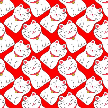 Maneki-neko. Seamless pattern with japanese lucky welcoming cat. Hand-drawn original background.