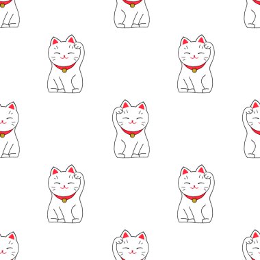 Maneki-neko. Seamless pattern with japanese lucky welcoming cat. Hand-drawn original background.