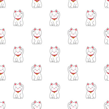 Maneki-neko. Seamless pattern with japanese lucky welcoming cat. Hand-drawn original background.