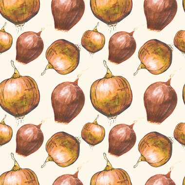 Golden onions. Seamless pattern with vegetables. Hand-drawn background.