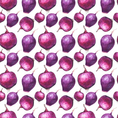 Red onions. Seamless pattern with vegetables. Hand-drawn background.