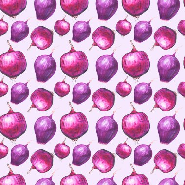 Red onions. Seamless pattern with vegetables. Hand-drawn background.