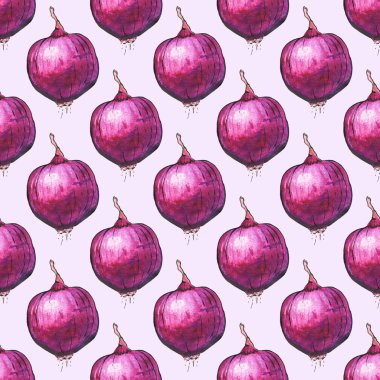Red onions. Seamless pattern with vegetables. Hand-drawn background.