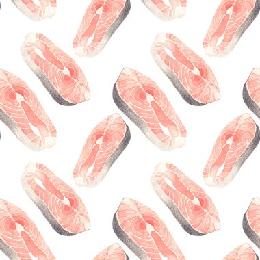 Salmon slice - seafood and marine cuisine. Seamless watercolor pattern with salmon steak.