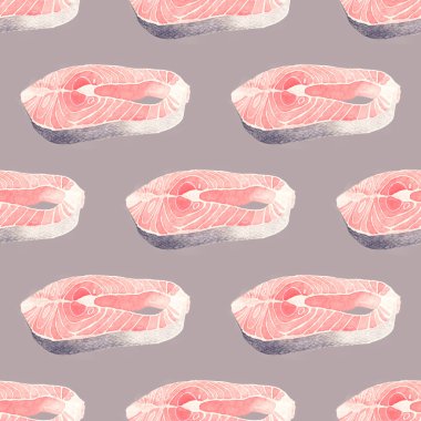 Salmon slice - seafood and marine cuisine. Seamless watercolor pattern with salmon steak.
