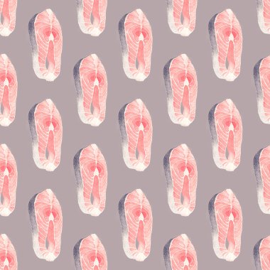 Salmon slice - seafood and marine cuisine. Seamless watercolor pattern with salmon steak.