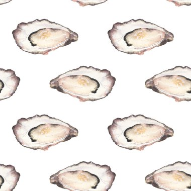 Oyster - seafood and marine cuisine. Seamless watercolor pattern with oysters
