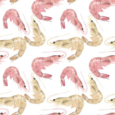 Prawn or shrimp - seafood and marine cuisine. Seamless watercolor pattern with prawns