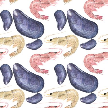 Seafood. Seamless watercolor pattern with oysters, mussels and sea prawn on the white background.