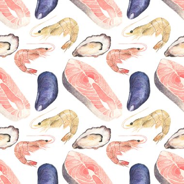 Seafood. Seamless watercolor pattern with oysters, mussels, salmon steak and sea prawn on the white background.