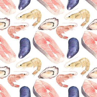 Seafood. Seamless watercolor pattern with oysters, mussels, salmon steak and sea prawn on the white background. clipart