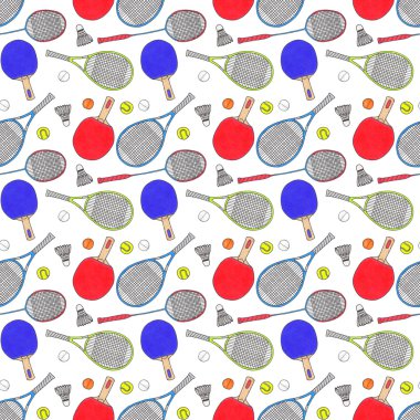 Racquets, balls and shuttlecocks. Seamless watercolor pattern with sport equipment. Hand-drawn original background.