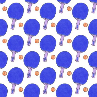 Table tennis racquets and balls. Seamless watercolor pattern with sport equipment. Hand-drawn original background.