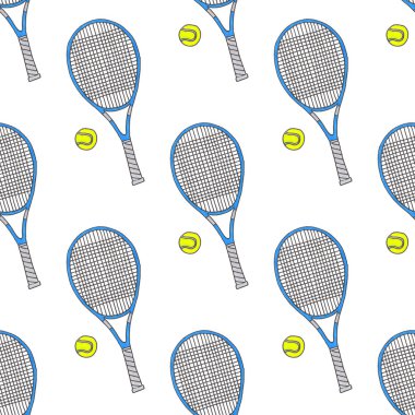 Tennis racquets and balls. Seamless watercolor pattern with sport equipment. Hand-drawn original background.