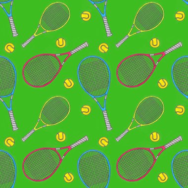 Tennis racquets and balls. Seamless watercolor pattern with soprt equipment. Hand-drawn original background.