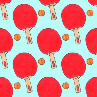 Masa tenis raketleri ve topları. Spor donatımı ile Seamless suluboya modeli. Çizilmiş orijinal arka plan.