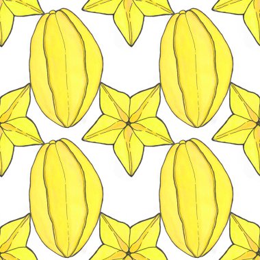 Starfruit veya carambola. Meyve ile Seamless modeli. Çizilmiş arka plan.
