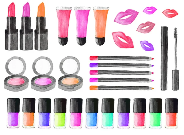 Make-up Set. Set von Aquarell-Beauty-Artikeln auf weißem Hintergrund. Handgezeichnete Originalkosmetik — Stockfoto