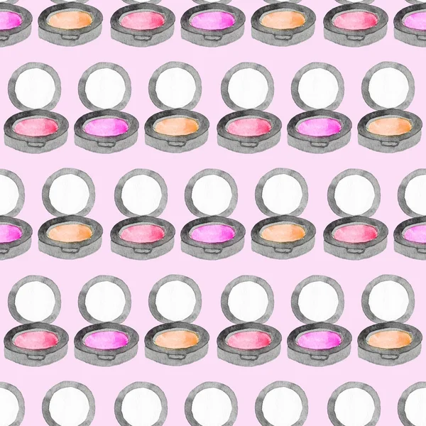 Blushes. Seamless pattern with beauty items. Hand-drawn original cosmetics background. — 스톡 사진