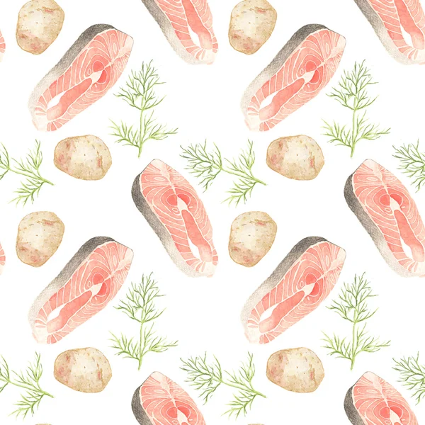Lachs, Kartoffeln und Dill. nahtloses Muster mit frischen Zutaten. handgezeichneter Originalhintergrund. — Stockfoto