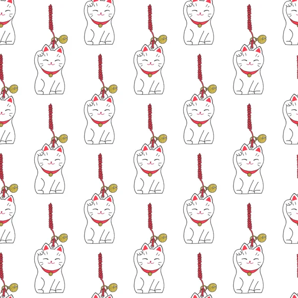 Maneki-neko. Seamless pattern with japanese lucky welcoming cat. Hand-drawn original background. — Stockfoto