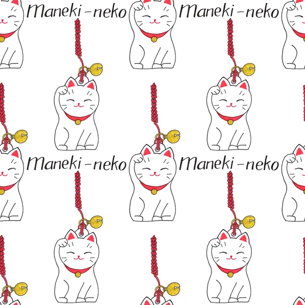 Maneki-neko. Patrón sin costuras con gato de bienvenida japonés afortunado. Fondo original dibujado a mano . —  Fotos de Stock