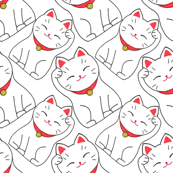 Maneki-neko. Seamless pattern with japanese lucky welcoming cat. Hand-drawn original background.