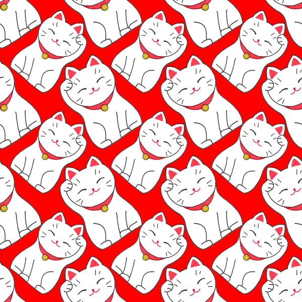 Maneki-neko. Seamless pattern with japanese lucky welcoming cat. Hand-drawn original background. — Stockfoto