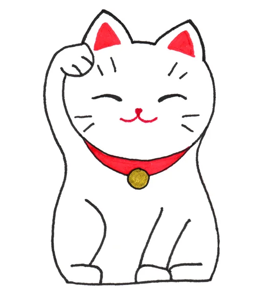 Фигура кошки Манеки-неко. Счастливая кошка на белом фоне. Ручной рисунок — стоковое фото