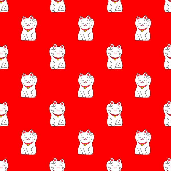 Maneki-neko. Seamless pattern with japanese lucky welcoming cat. Hand-drawn original background. — Stockfoto