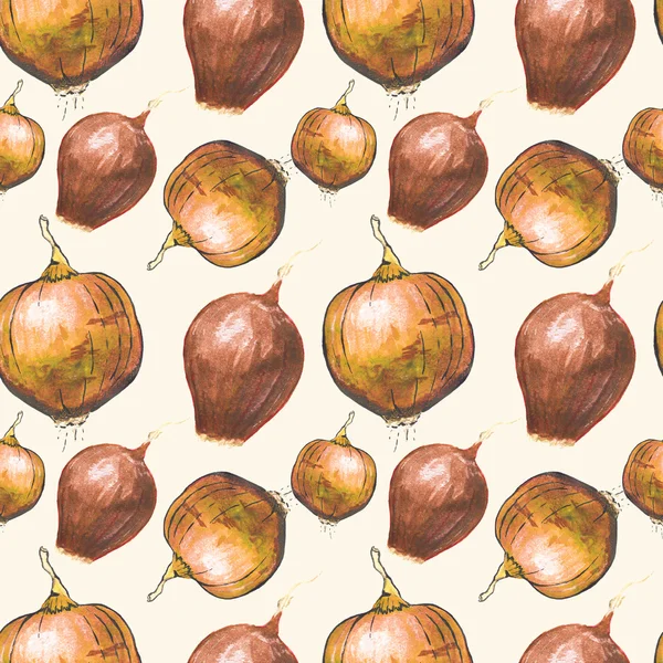 Golden onions. Seamless pattern with vegetables. Hand-drawn background.