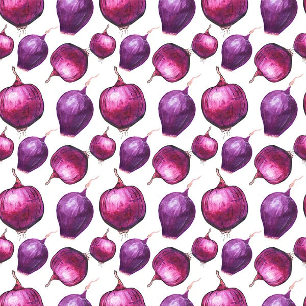 Red onions. Seamless pattern with vegetables. Hand-drawn background. — 图库照片
