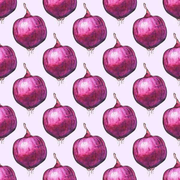 Red onions. Seamless pattern with vegetables. Hand-drawn background. — Stock Fotó