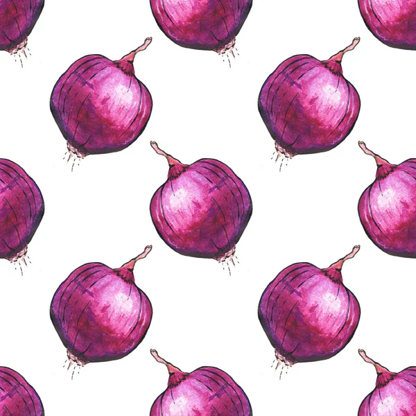 Red onions. Seamless pattern with vegetables. Hand-drawn background. — Stock fotografie