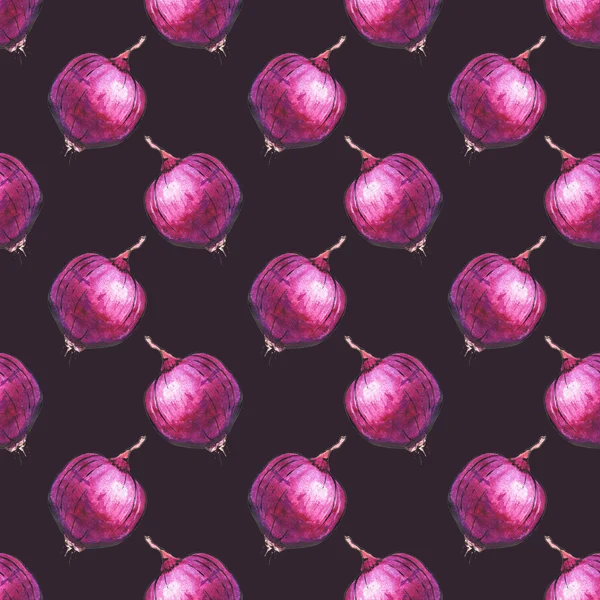 Red onions. Seamless pattern with vegetables. Hand-drawn background. — Stockfoto
