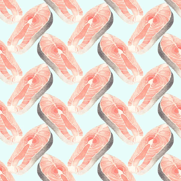 Salmon slice - seafood and marine cuisine. Seamless watercolor pattern with salmon steak. — Zdjęcie stockowe